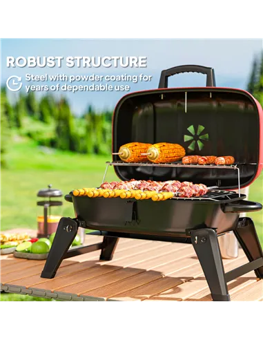 Outsunny Charcoal Barbecue Grill Folding BBQ Grill with 1232 cm² Cooking Area, Adjustable Vent, Thermometer, Handles for Camping