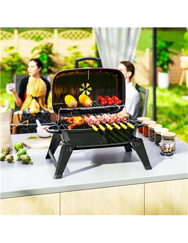 Outsunny Charcoal Barbecue Grill Folding BBQ Grill with 1232 cm² Cooking Area, Adjustable Vent, Thermometer, Handles for Camping