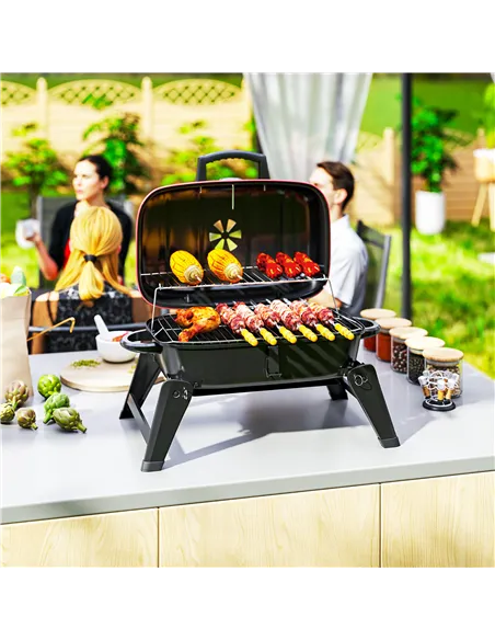 Outsunny Charcoal Barbecue Grill Folding BBQ Grill with 1232 cm² Cooking Area, Adjustable Vent, Thermometer, Handles for Camping