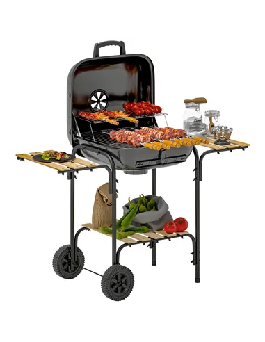 Outsunny Charcoal Barbecue Grill Portable BBQ Grill with 1840 cm² Cooking Area, 3 Shelves, Adjustable Vent, Lockable Lid, Wheels