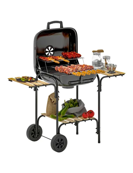 Outsunny Charcoal Barbecue Grill Portable BBQ Grill with 1840 cm² Cooking Area, 3 Shelves, Adjustable Vent, Lockable Lid, Wheels