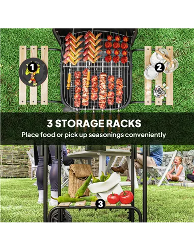 Outsunny Charcoal Barbecue Grill Portable BBQ Grill with 1840 cm² Cooking Area, 3 Shelves, Adjustable Vent, Lockable Lid, Wheels