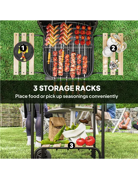 Outsunny Charcoal Barbecue Grill Portable BBQ Grill with 1840 cm² Cooking Area, 3 Shelves, Adjustable Vent, Lockable Lid, Wheels