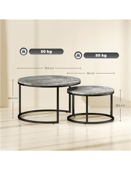 HOMCOM Set of Two Marble-Effect Stacking Tables - Grey/Black
