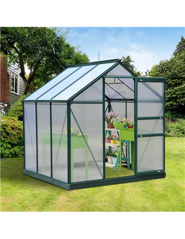 Outsunny 6 x 6ft Polycarbonate Greenhouse, Large Walk-In Green House with Slide Door and Window, Garden Plants Grow House with A