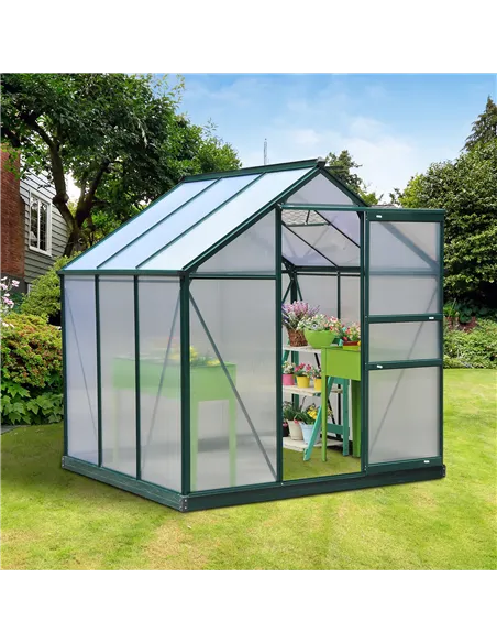 Outsunny 6 x 6ft Polycarbonate Greenhouse, Large Walk-In Green House with Slide Door and Window, Garden Plants Grow House with A