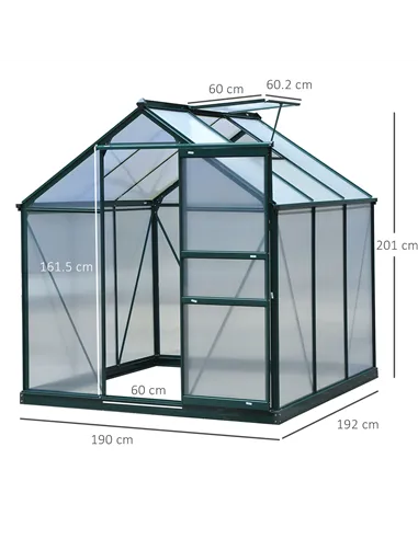 Outsunny 6 x 6ft Polycarbonate Greenhouse, Large Walk-In Green House with Slide Door and Window, Garden Plants Grow House with A
