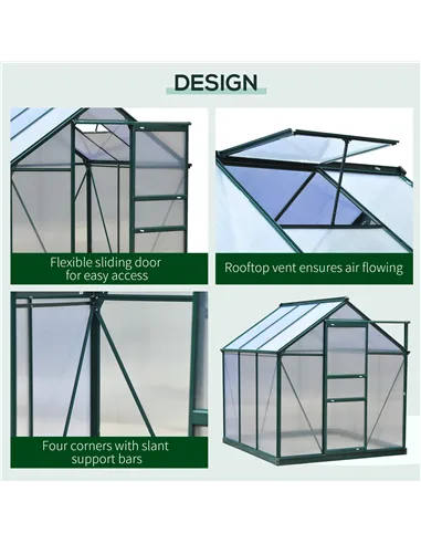 Outsunny 6 x 6ft Polycarbonate Greenhouse, Large Walk-In Green House with Slide Door and Window, Garden Plants Grow House with A