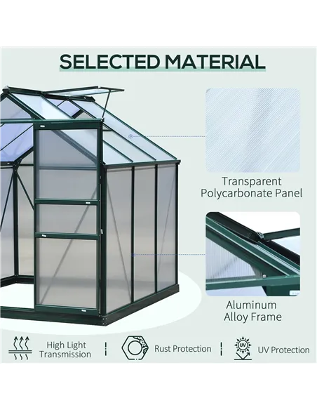 Outsunny 6 x 6ft Polycarbonate Greenhouse, Large Walk-In Green House with Slide Door and Window, Garden Plants Grow House with A