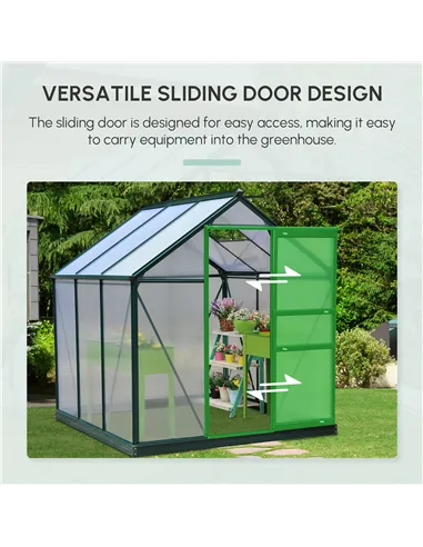 Outsunny 6 x 6ft Polycarbonate Greenhouse, Large Walk-In Green House with Slide Door and Window, Garden Plants Grow House with A