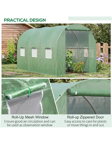 Outsunny Walk-in Polytunnel Greenhouse, Outdoor Garden Tunnel Greenhouse Tent with Zipped Roll-Up Door and 6 Mesh Windows, 3 x 2
