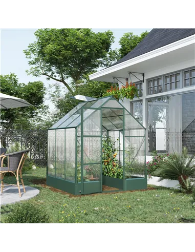 Outsunny 6x6 FT Polycarbonate Greenhouse with Base and Raised Bed, Walk-in Greenhouse with Aluminium Frame, Temperature Controll