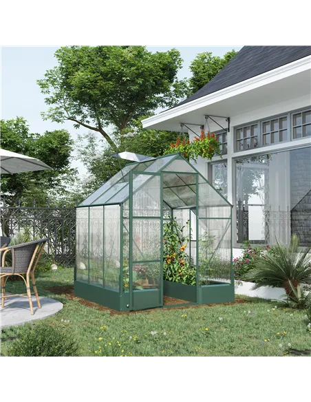 Outsunny 6x6 FT Polycarbonate Greenhouse with Base and Raised Bed, Walk-in Greenhouse with Aluminium Frame, Temperature Controll