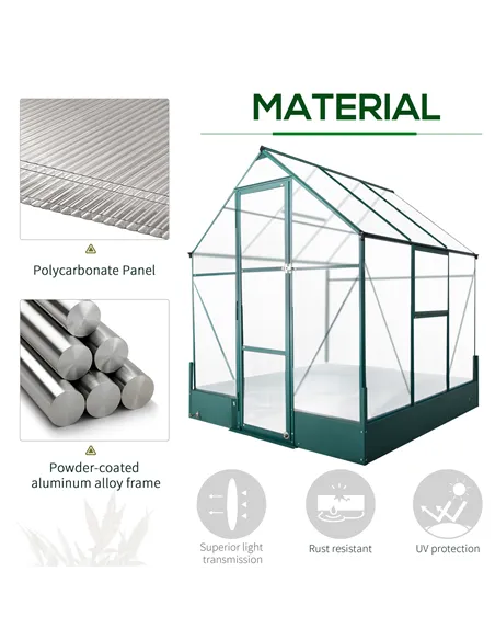 Outsunny 6x6 FT Polycarbonate Greenhouse with Base and Raised Bed, Walk-in Greenhouse with Aluminium Frame, Temperature Controll