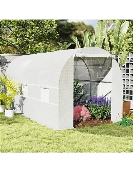 Outsunny 4.5 x 2 x 2 m Polytunnel Greenhouse, Walk-in Green House for Garden with Mesh Windows, Galvanised Steel Frame, White