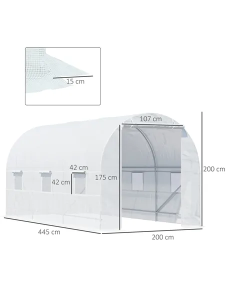 Outsunny 4.5 x 2 x 2 m Polytunnel Greenhouse, Walk-in Green House for Garden with Mesh Windows, Galvanised Steel Frame, White