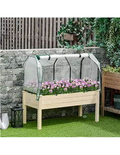 Outsunny Raised Garden Bed Outdoor Elevated Wood Planter Box w/ PE Cover, Natural 2