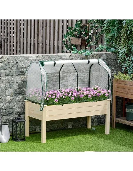 Outsunny Raised Garden Bed Outdoor Elevated Wood Planter Box w/ PE Cover, Natural