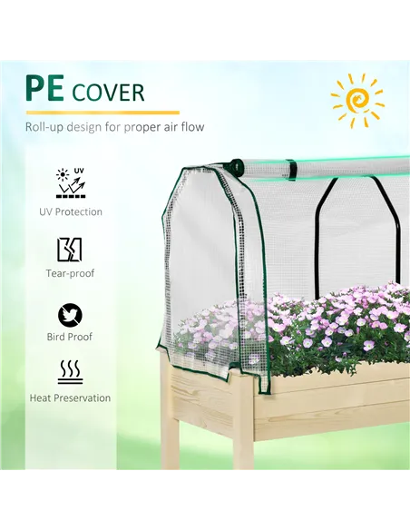 Outsunny Raised Garden Bed Outdoor Elevated Wood Planter Box w/ PE Cover, Natural