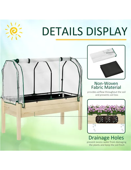 Outsunny Raised Garden Bed Outdoor Elevated Wood Planter Box w/ PE Cover, Natural