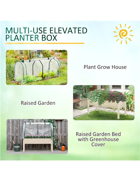 Outsunny Raised Garden Bed Outdoor Elevated Wood Planter Box w/ PE Cover, Natural