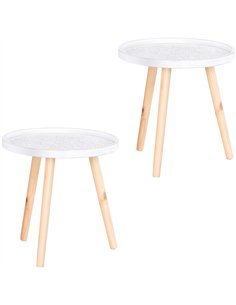 HOMCOM Coffee Table, Carved Floral Round Table with Tray-style Top and Wood Legs, Modern Side Table for Living Room, Set of 2, W