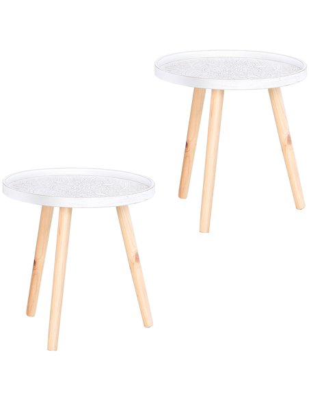 HOMCOM Coffee Table, Carved Floral Round Table with Tray-style Top and Wood Legs, Modern Side Table for Living Room, Set of 2, W
