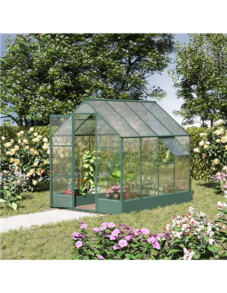 Outsunny 6x8 FT Polycarbonate Greenhouse with Base and Raised Bed, Walk-in Greenhouse with Aluminium Frame, Temperature Controll