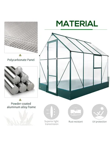 Outsunny 6x8 FT Polycarbonate Greenhouse with Base and Raised Bed, Walk-in Greenhouse with Aluminium Frame, Temperature Controll