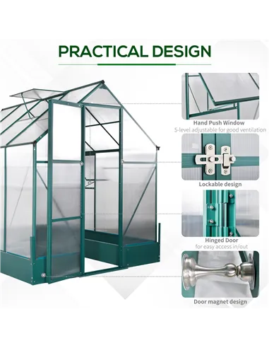 Outsunny 6x8 FT Polycarbonate Greenhouse with Base and Raised Bed, Walk-in Greenhouse with Aluminium Frame, Temperature Controll