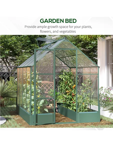 Outsunny 6x8 FT Polycarbonate Greenhouse with Base and Raised Bed, Walk-in Greenhouse with Aluminium Frame, Temperature Controll