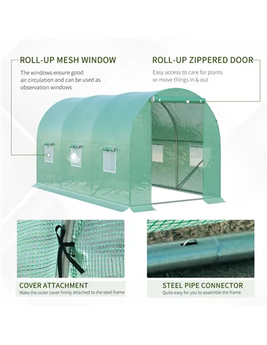 Outsunny 4 x 2 x 2 m Polytunnel Greenhouse with Roll-up Door and 6 Mesh Windows, Walk-in Garden Tunnel Warm House Tent with UV-r