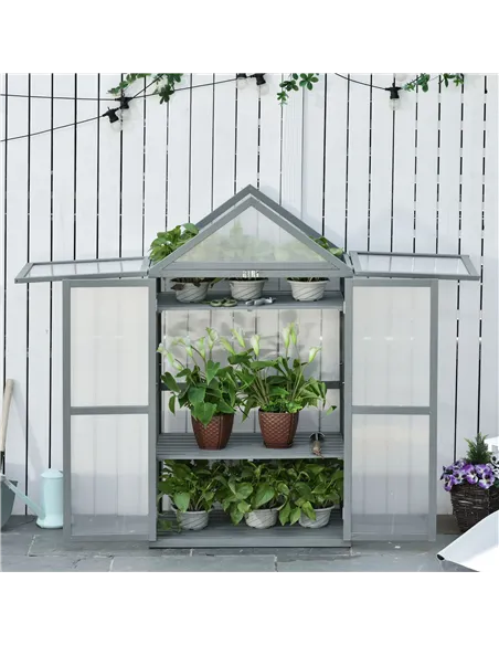 Outsunny Garden Cold Frame Polycarbonate Greenhouse with Adjustable Shelves, Double Doors, Openable Top Covers, Grow House for F
