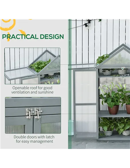 Outsunny Garden Cold Frame Polycarbonate Greenhouse with Adjustable Shelves, Double Doors, Openable Top Covers, Grow House for F