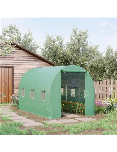 Outsunny 3.5 x 2m Walk-In Polytunnel Greenhouse, with Steel Frame, PE Cover, Roll-Up Door and 6 Windows, Green