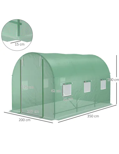 Outsunny 3.5 x 2m Walk-In Polytunnel Greenhouse, with Steel Frame, PE Cover, Roll-Up Door and 6 Windows, Green
