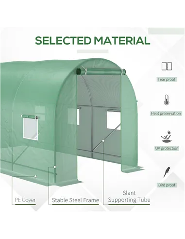 Outsunny 3.5 x 2m Walk-In Polytunnel Greenhouse, with Steel Frame, PE Cover, Roll-Up Door and 6 Windows, Green
