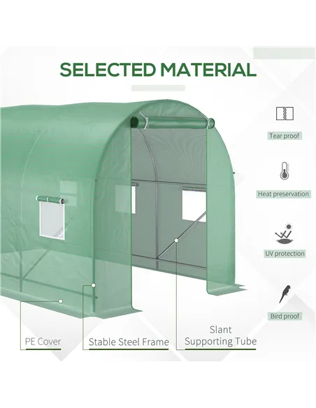 Outsunny 3.5 x 2m Walk-In Polytunnel Greenhouse, with Steel Frame, PE Cover, Roll-Up Door and 6 Windows, Green