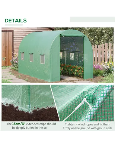 Outsunny 3.5 x 2m Walk-In Polytunnel Greenhouse, with Steel Frame, PE Cover, Roll-Up Door and 6 Windows, Green