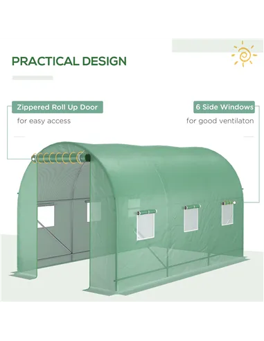 Outsunny 3.5 x 2m Walk-In Polytunnel Greenhouse, with Steel Frame, PE Cover, Roll-Up Door and 6 Windows, Green