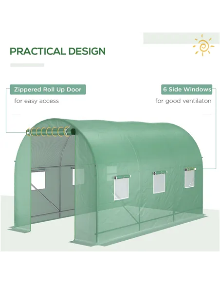 Outsunny 3.5 x 2m Walk-In Polytunnel Greenhouse, with Steel Frame, PE Cover, Roll-Up Door and 6 Windows, Green