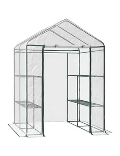 Outsunny Walk in Greenhouse with 3-Tier 8 Shelves, Green House with Hemmed Cover, Roll-up Zipped Door, Steel Frame, 143 x 143 x 