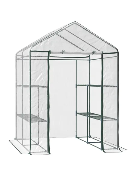 Outsunny Walk in Greenhouse with 3-Tier 8 Shelves, Green House with Hemmed Cover, Roll-up Zipped Door, Steel Frame, 143 x 143 x 