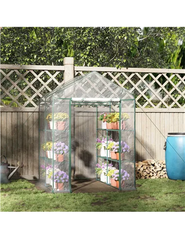Outsunny Walk in Greenhouse with 3-Tier 8 Shelves, Green House with Hemmed Cover, Roll-up Zipped Door, Steel Frame, 143 x 143 x 