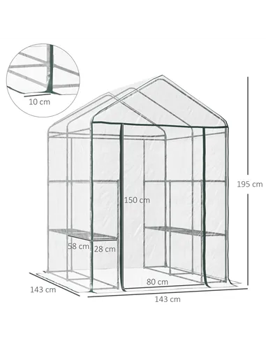 Outsunny Walk in Greenhouse with 3-Tier 8 Shelves, Green House with Hemmed Cover, Roll-up Zipped Door, Steel Frame, 143 x 143 x 