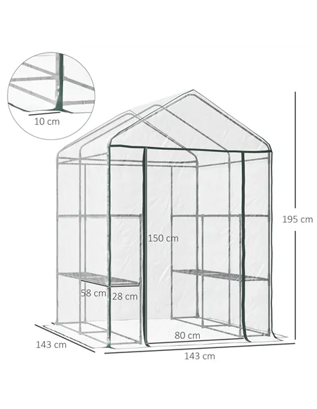 Outsunny Walk in Greenhouse with 3-Tier 8 Shelves, Green House with Hemmed Cover, Roll-up Zipped Door, Steel Frame, 143 x 143 x 