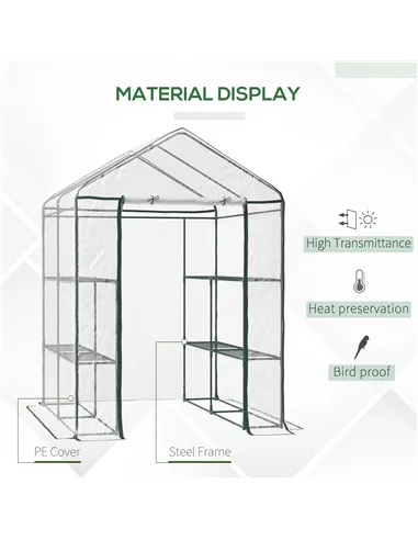 Outsunny Walk in Greenhouse with 3-Tier 8 Shelves, Green House with Hemmed Cover, Roll-up Zipped Door, Steel Frame, 143 x 143 x 