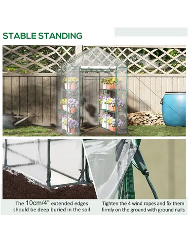 Outsunny Walk in Greenhouse with 3-Tier 8 Shelves, Green House with Hemmed Cover, Roll-up Zipped Door, Steel Frame, 143 x 143 x 