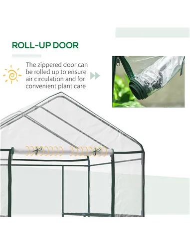 Outsunny Walk in Greenhouse with 3-Tier 8 Shelves, Green House with Hemmed Cover, Roll-up Zipped Door, Steel Frame, 143 x 143 x 