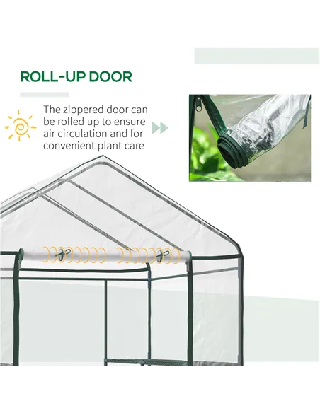 Outsunny Walk in Greenhouse with 3-Tier 8 Shelves, Green House with Hemmed Cover, Roll-up Zipped Door, Steel Frame, 143 x 143 x 